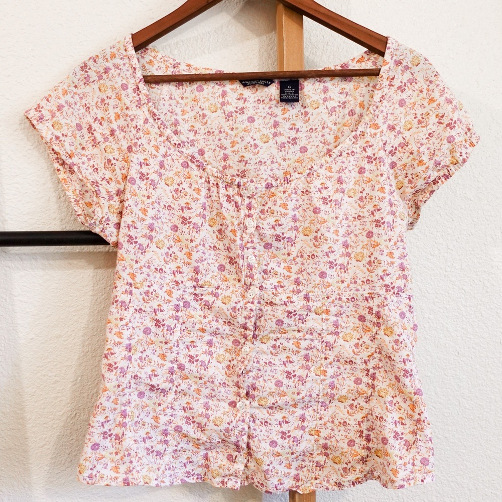 american eagle women’s short sleeve floral top • size 6/small-medium